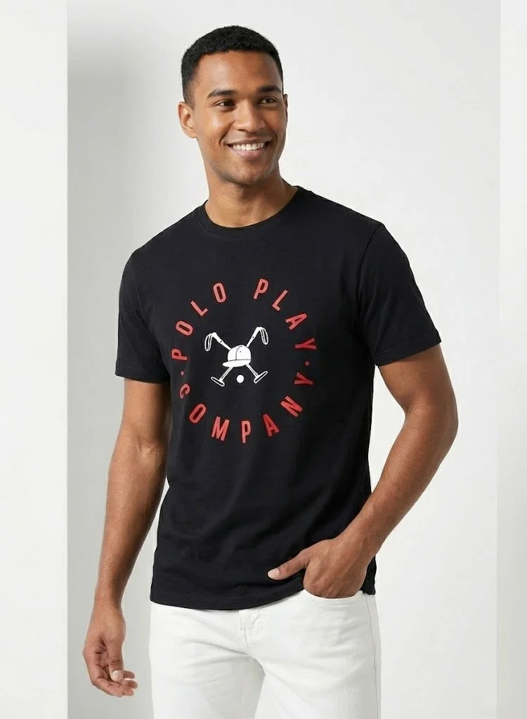 لعب البولو تيشيرت رجالي مطبوع - أسود